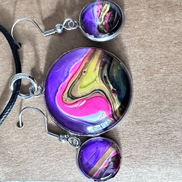 Vibrant Original Acrylic Pour Paint Abstract Art signed Jewelry Set 4185 B - Picture 11 of 11